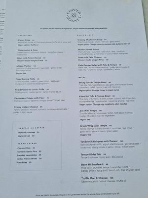 Vegetarian/Vegan menu at Copper Bonnet in 