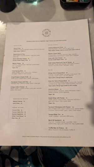 Vegan menu at Copper Bonnet in 