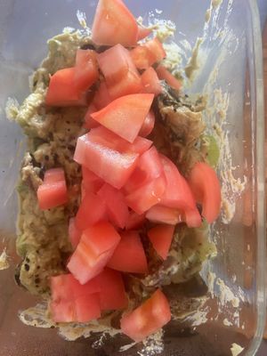 Baby potato, celery, basil, garlic, fresh tomatoes with an avocado tahini sauce  at Suka Kitchen Culebra  in Culebra