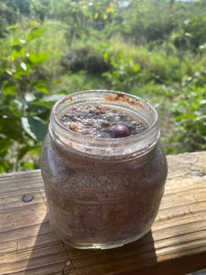 Cherry chia coconut pudding sprouted cocoa almonds dates cinnamon and almond butter  at Suka Kitchen Culebra  in Culebra