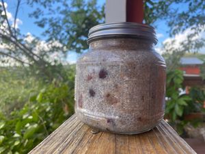 Cherry chia coconut pudding sprouted cocoa almonds dates cinnamon and almond butter  at Suka Kitchen Culebra  in Culebra