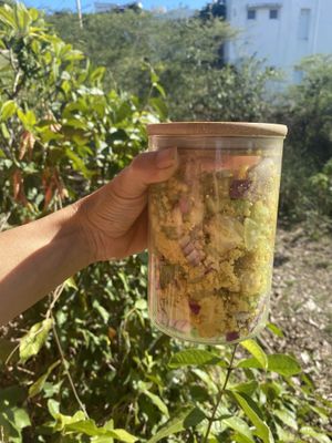 Chickpea tofu purple onion and fresh celery grab and go salad   at Suka Kitchen Culebra  in Culebra