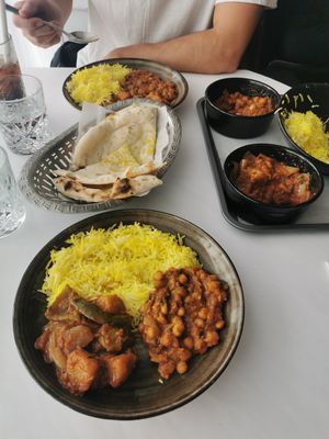 Chana Masala, Aaloo Shimla, Saffron Rice and Garlic Naan at Spice On Charles  in Launceston