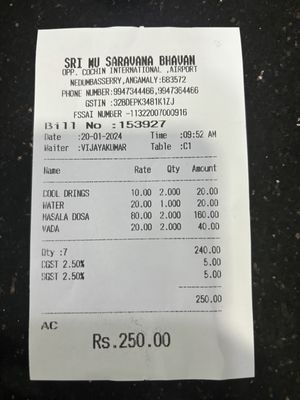 Receipt   at Sri Mu Saravana Bhavan  in Koratty