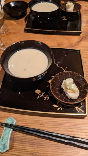 Cauliflower soup
&                 Cauliflower with Ýuzu vegan mayonnaise sauce at Da Maede & Lapis in Kyoto