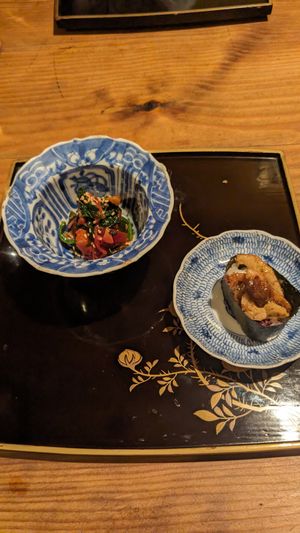 Seaweed & vegetable vinegar stuff |      
Roasted lotus root at Da Maede & Lapis in Kyoto