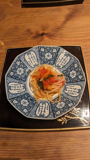 Gluten free rice pasta fresh tomato sauce at Da Maede & Lapis in Kyoto