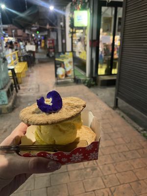Cookie ice cream sandwich with sea salt ice cream  at COCO MANGO in Chiang Mai