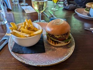 Vegan broad bean burger with fries at The British Oak in Sheffield
