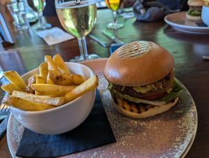 Vegan broad bean burger with fries at The British Oak in Sheffield