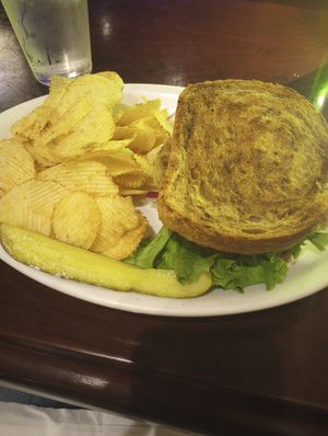 Bean burger, served with chips and pickle at Ruth's Parkside Cafe in Cincinnati
