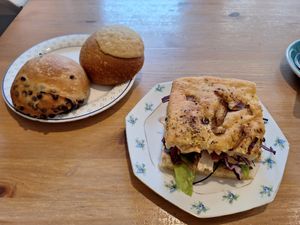 Foccacia Tofu, chocolate brioche and cafe brioche at Les Belles Âmes Pâtisserie in Lyon