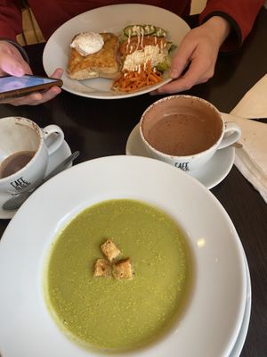 Vegan green soup with croutons - the food opposite is not vegan😄 at Cool River Cafe in Matlock