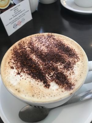 Soya cappuccino with chocolate on top at Cool River Cafe in Matlock