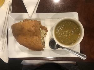 Reuben with tempeh & Daiya cheese! So yummy! The bread was delicious! With split pea soup! This place has so many vegan options, I had trouble choosing what to order! So friendly! at Sunflower Cafe in Fairhope