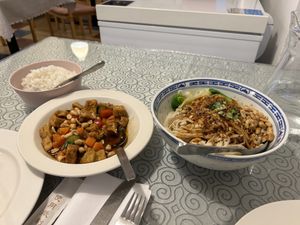 Gong bao / kung pao tofu and noodles  at Ben's Way Chinese Restaurant in Helsinki