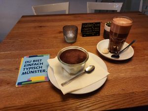Vegan tiramisu and hot chocolatemilk at Krawummel in Muenster