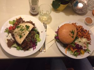 Hayati Plate (Gyros/Pita/Salad) & Burger with Side fries (the Peanutsauce is heavenly!) at Krawummel in Muenster
