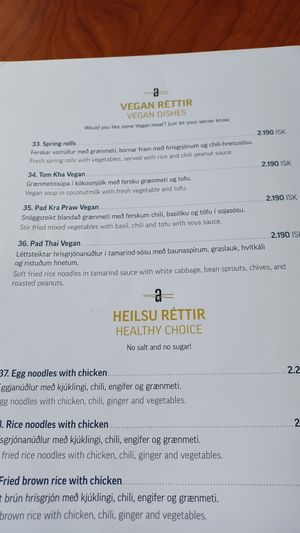 Vegan menu at Thai Keflavik in Keflavik