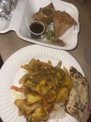 aloo gobi, samosas, paratha   at Tandoori Flame & Indian Grill in Seattle