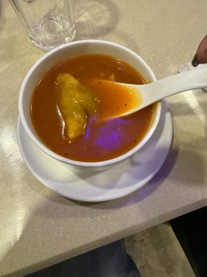 Vegan Samosa Shorba - name is fancy, but it is tomato soup with two mini samosas   at The Vegetarian Grill - TVG in Jaipur