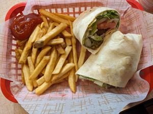 Falafel wrap with fries at Chicago Grill in Appleton