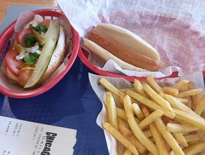 Chicago style veggie dog, plain veggie dog, and fries at Chicago Grill in Appleton