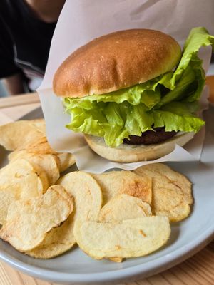 Hamburger with teriyaki sauce at Cafe Tea Terrace in Kyoto