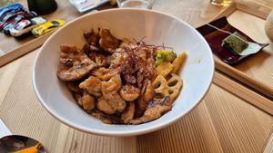 Teriyaki soy meat with rice at Cafe Tea Terrace in Kyoto