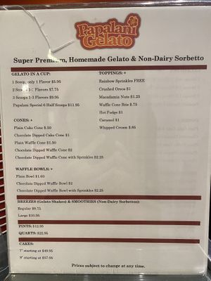 Prices on 12.26.21  at Papalani Gelato in Koloa