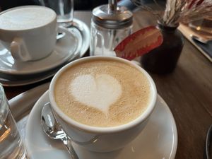 Oatly Cappuccino   at Aufzug Café in Vienna