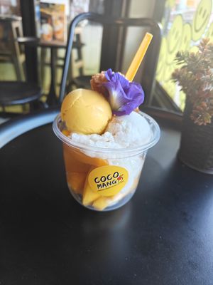 Tasty ripe mango, coconut sticky rice, mango and coconut ice cream and crispy rice cake. + Butterfly pea flower at COCO MANGO - Prapokkloa Rd in Chiang Mai