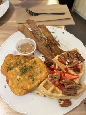 GF waffles with bacon and hashbrowns  at A Lo Vegano in Orlando