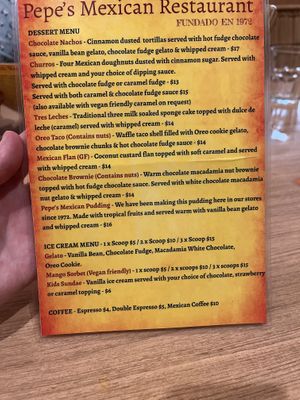 Dessert menu churros and sorbet are vegan only   at Pepe's in Wynnum