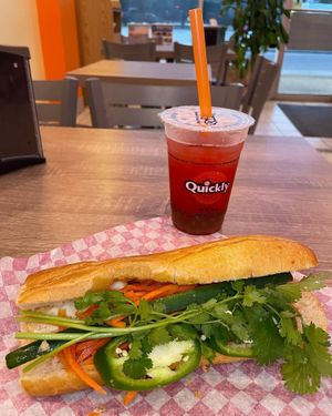 Vegan Tofu Banh Mi and Vegan Strawberry fruit tea with green apple popping boba  at Quickly in Mobile