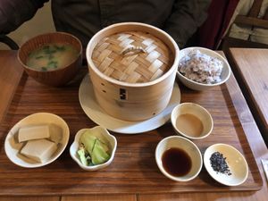 Steamed seasonal vegetables lunch plate at Ageha Relax Cafe in Kobe
