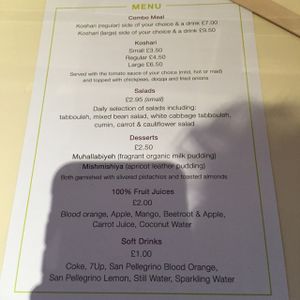 The menu at Koshari Street in London
