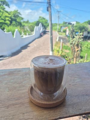 Moccachino with soy milk and a nice view at Art Coffee Galápagos in Puerto Ayora