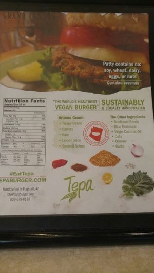 Vegan burger info at Maswick Cafeteria in Grand Canyon Village