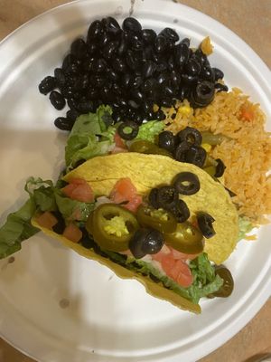 Taco dinner, no meat, no cheese at Maswick Cafeteria in Grand Canyon Village