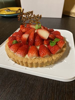 Whole strawberry tart for birthday celebration   at Cafe Enough カフェ イナフ in Shizuoka