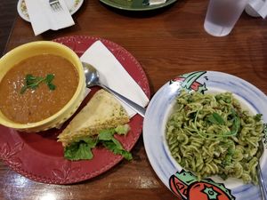 Curried Pineapple Lentil Soup with vegan cornbread and pesto pasta salad at The Art We Are in Kamloops
