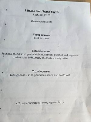 Vegan Night menu, changes each week at 9 Miles East in Saratoga Springs