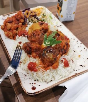 My food (the vegan grilled meatballs) at Just Vege - Forum in Helsinki