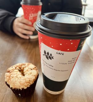 Vanilla soy latte and a banana chocolate chip muffin. Boyfriend got a chai with soy  at Heine Brothers Coffee in Louisville