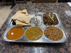 Vegan Thali with roti  at Bhanu's Indian Grocery and Cuisine in San Gabriel