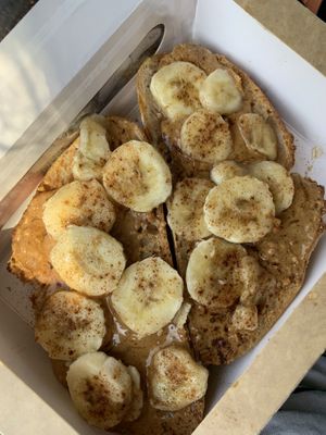 Peantbutter, Banana, cinnamon and agave syrup toast at Bazilika Cafe in Ljubljana
