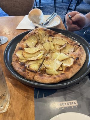 Confit potato pizza with black truffle oil, roast garlic, caramelised onion, rosemary and sea salt    at Riverview Bar & Bistro  in Mannum
