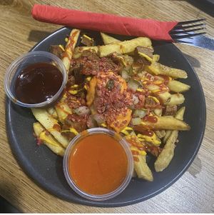Chips with seitan bits  at Tiny Rebel in Newport