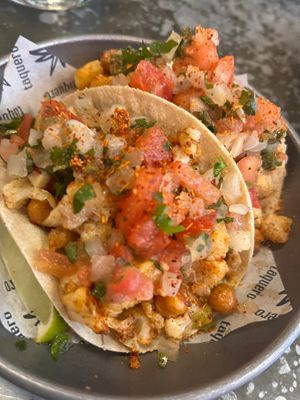 Cauliflower and chic pea tacos  at Taquero in Nottingham